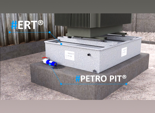 3D simulation Oil transformer on ERT retention tank equipped with a PETRO PIT rainwater drainage system
